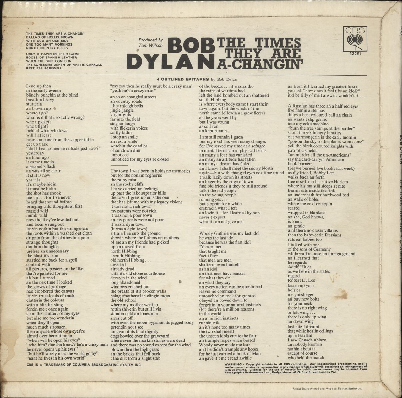 Bob Dylan The Times They Are A-Changin' - 2nd UK Vinyl LP
