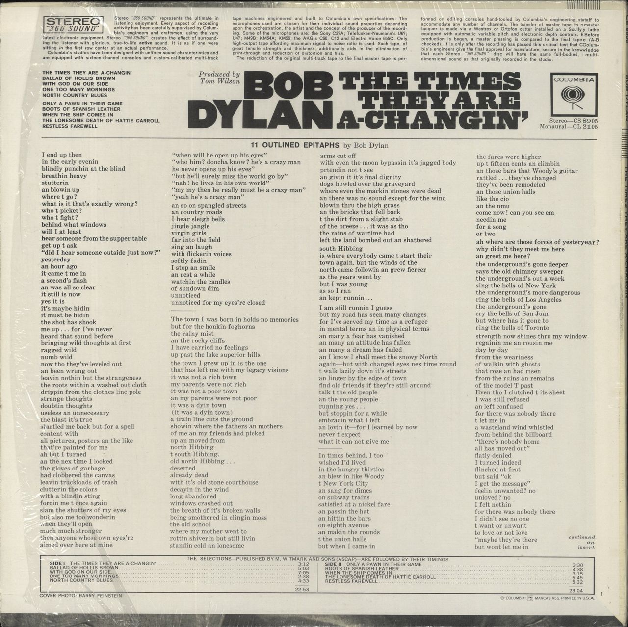 Bob Dylan The Times They Are A-Changin' - Two Eye label - Shrink US Vinyl LP