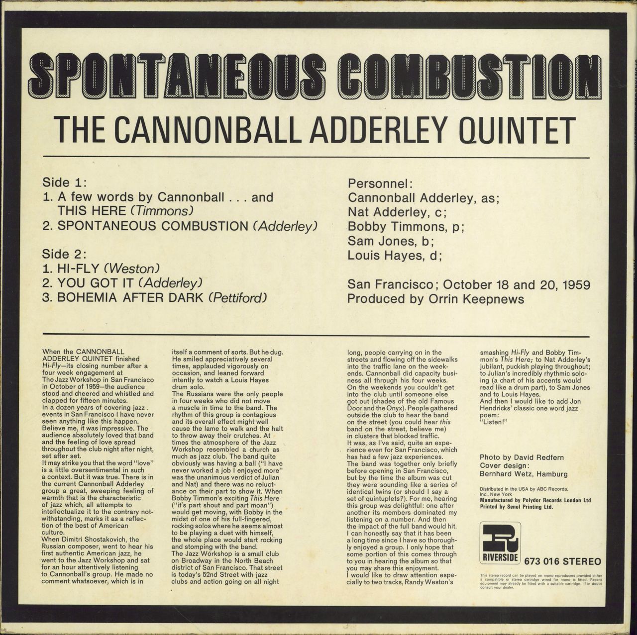 Cannonball Adderley Spontaneous Combustion US Vinyl LP