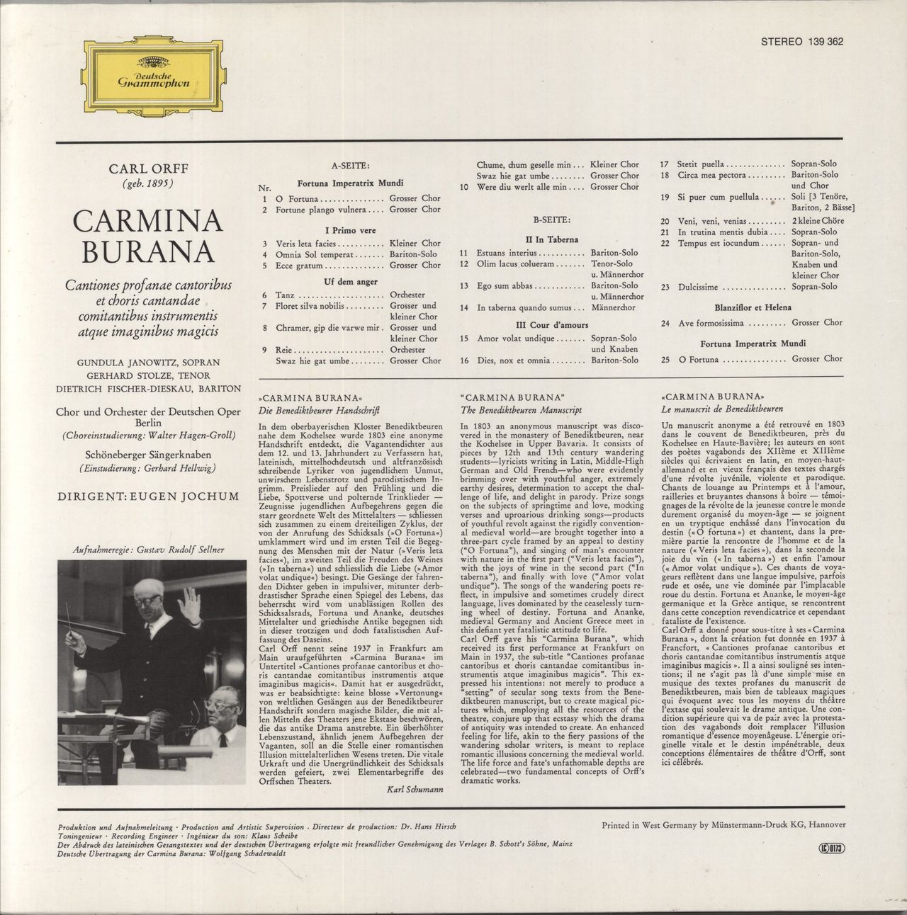 Carl Orff Carmina Burana German Vinyl LP