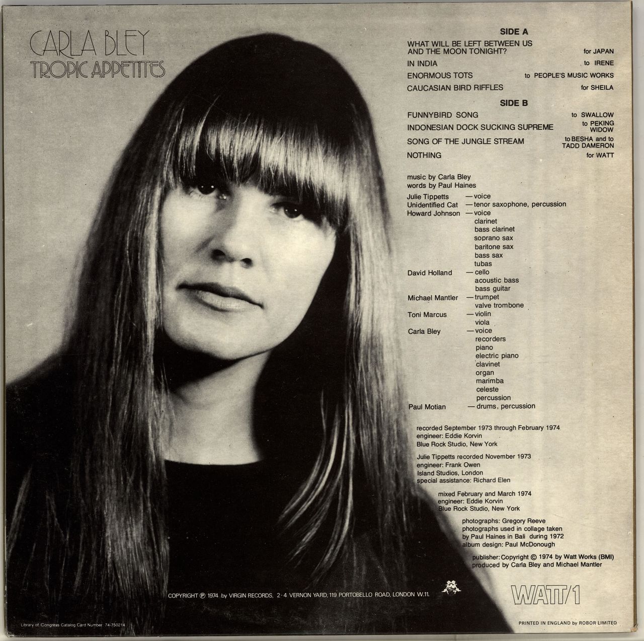 Carla Bley Tropic Appetites UK Vinyl LP