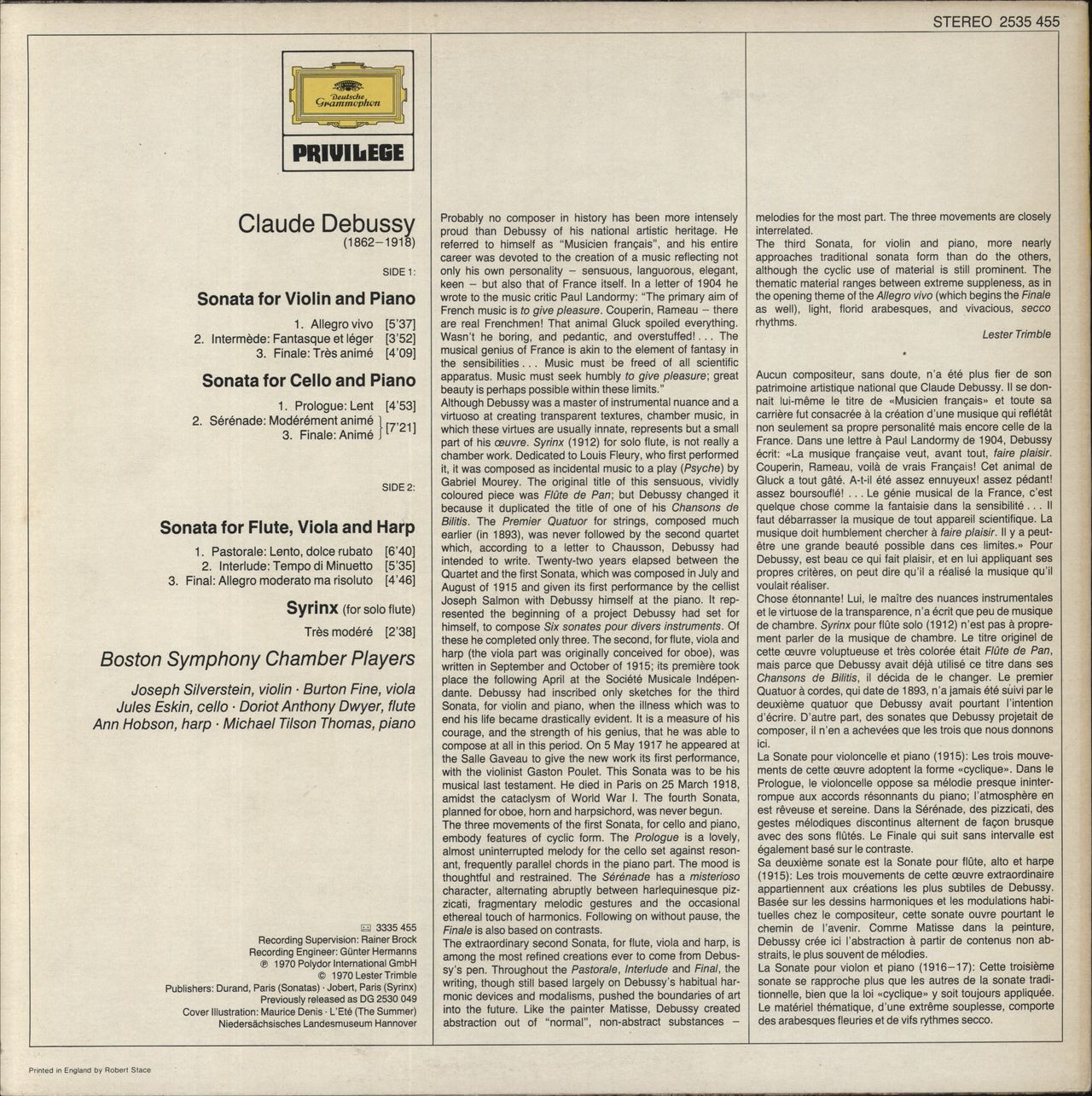 Claude Debussy Chamber Music UK Vinyl LP