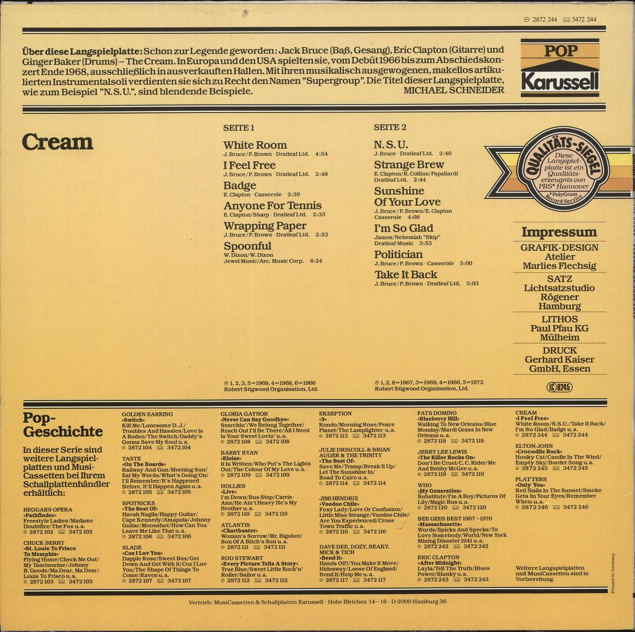 Cream Sunshine Of Your Love German Vinyl LP