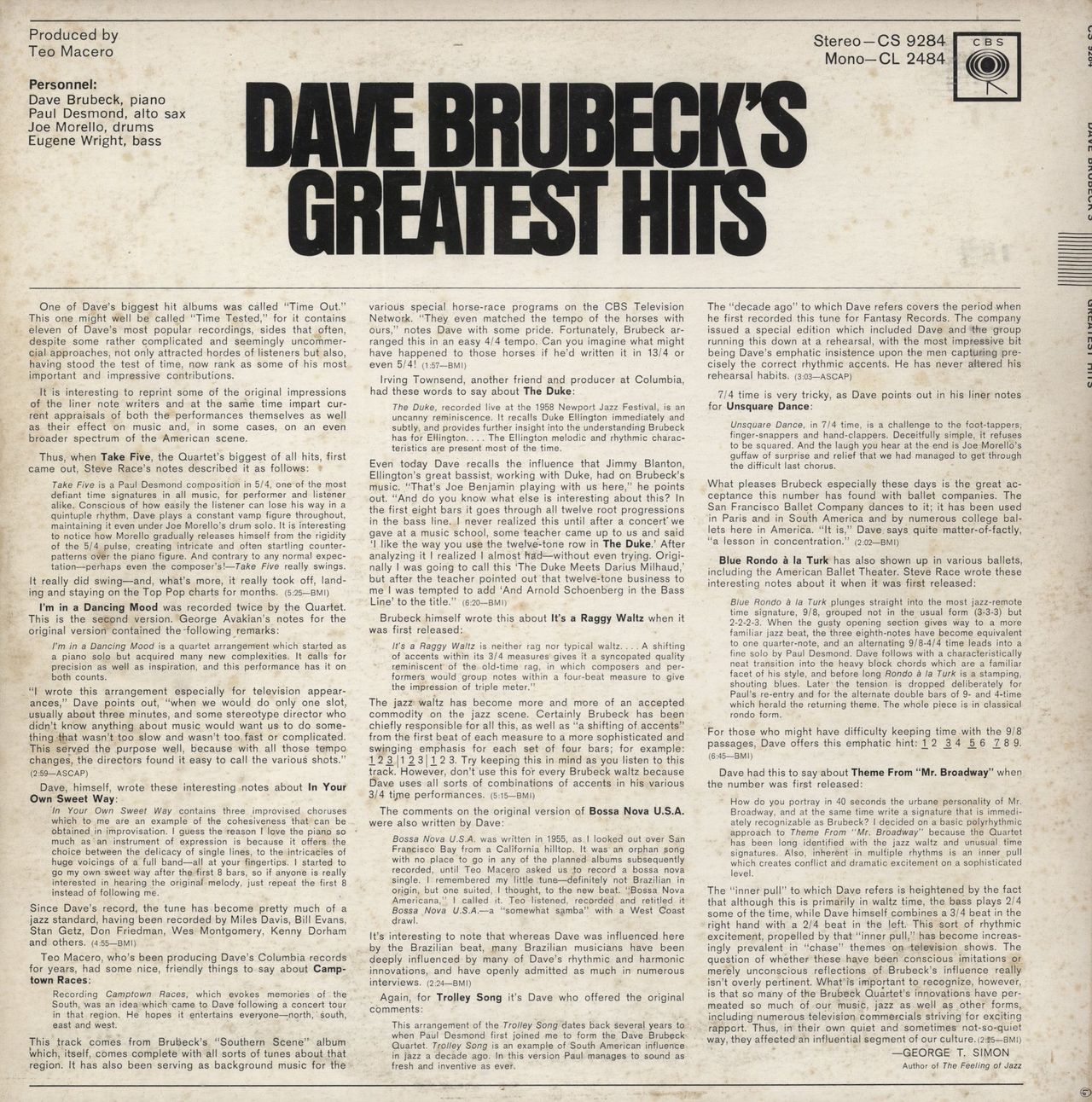 Dave Brubeck Greatest Hits - 1st US Vinyl LP