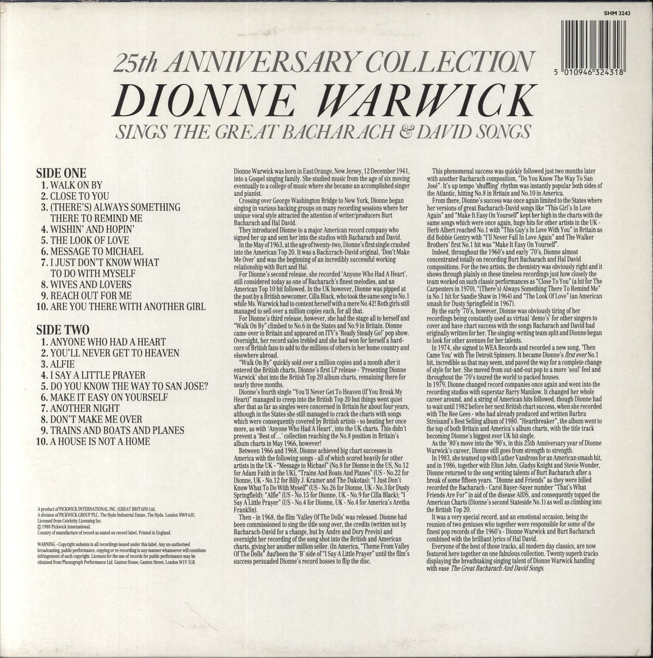 Dionne Warwick 25th Anniversary Collection UK Vinyl LP