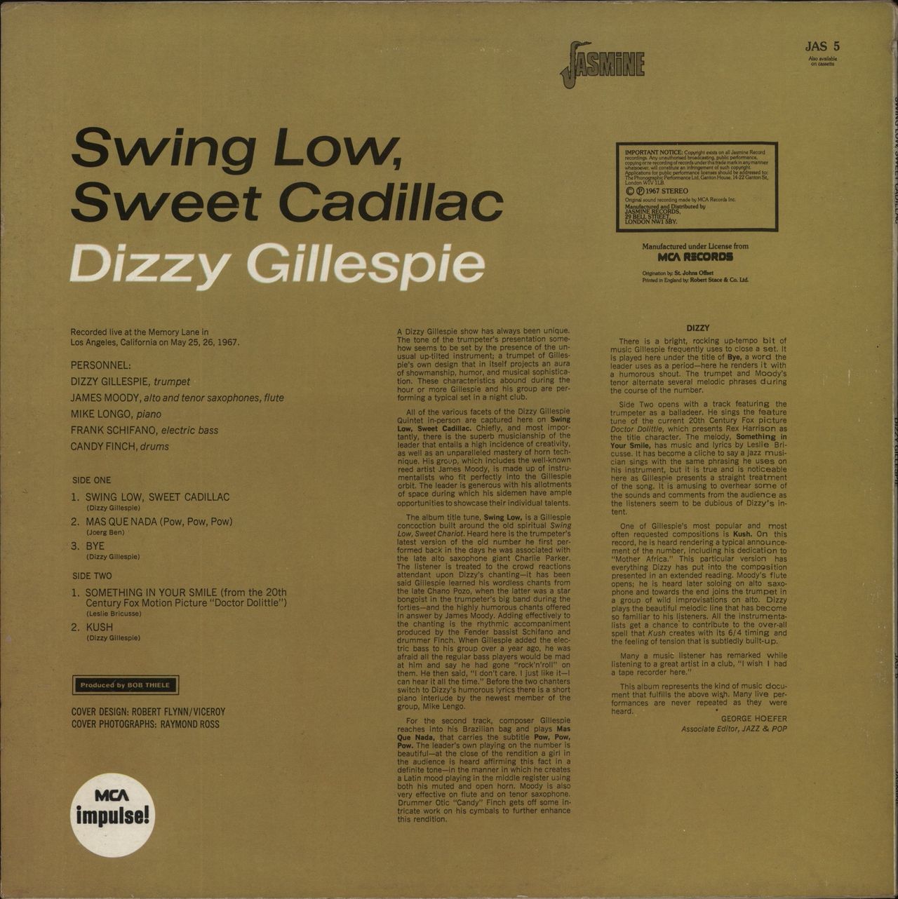 Dizzy Gillespie Swing Low, Sweet Cadillac UK Vinyl LP