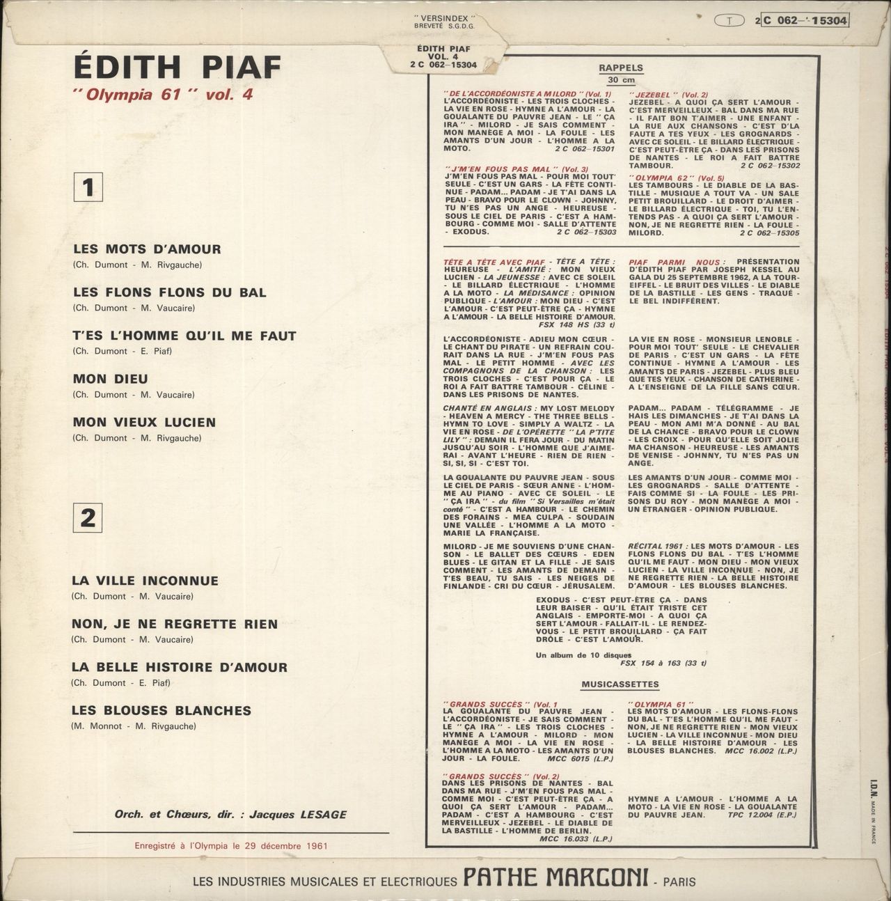 Edith Piaf Olympia 1961 - Non, Je Ne Regrette Rien - Vol. 4 French Vinyl LP