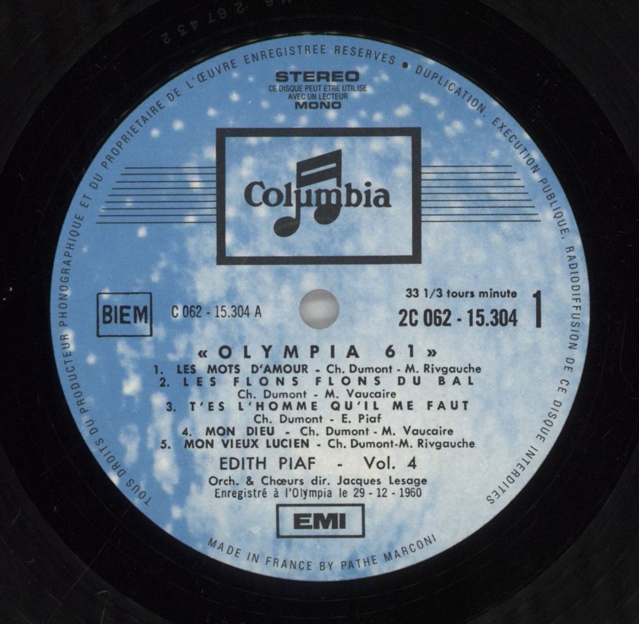 Edith Piaf Olympia 1961 - Non, Je Ne Regrette Rien - Vol. 4 French Vinyl LP