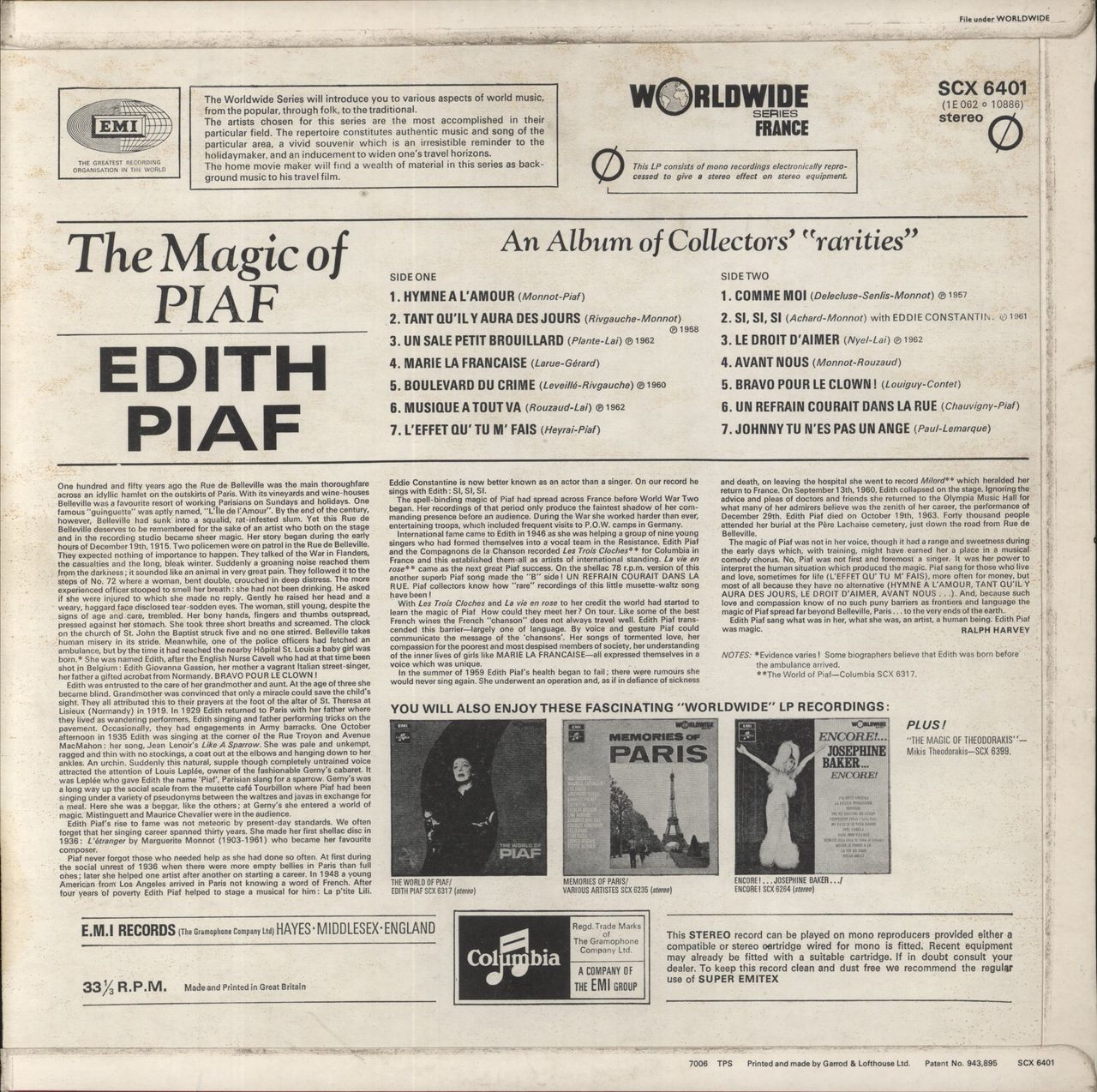 Edith Piaf The Magic of Piaf UK Vinyl LP