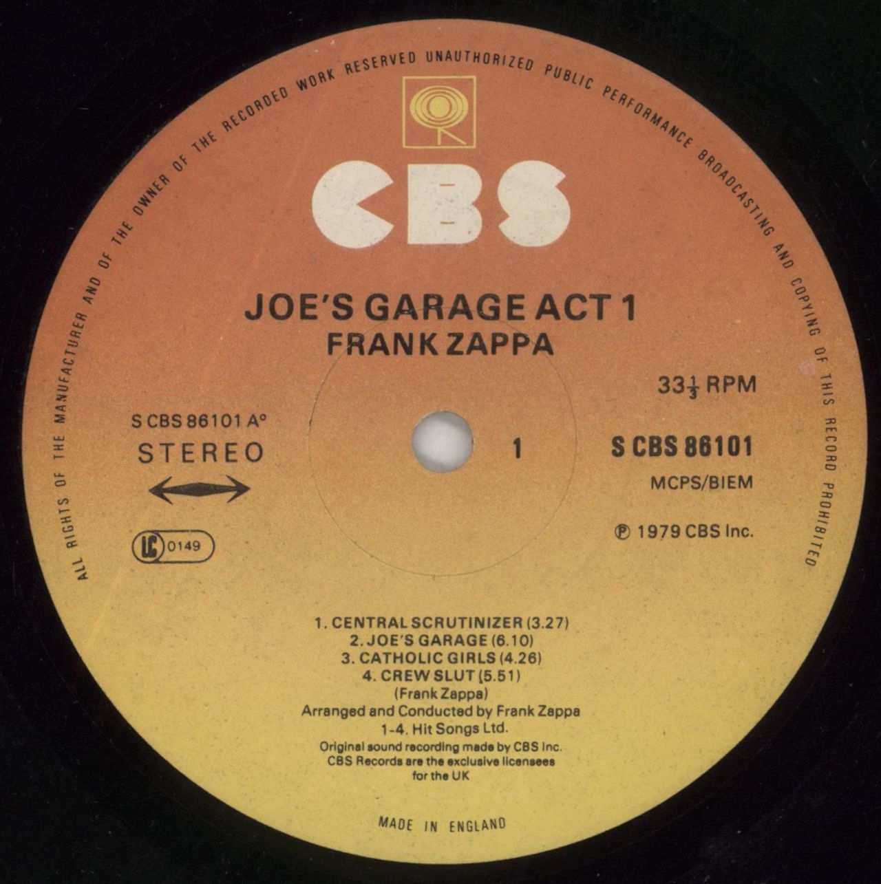 Frank Zappa Joe's Garage Act I UK Vinyl LP
