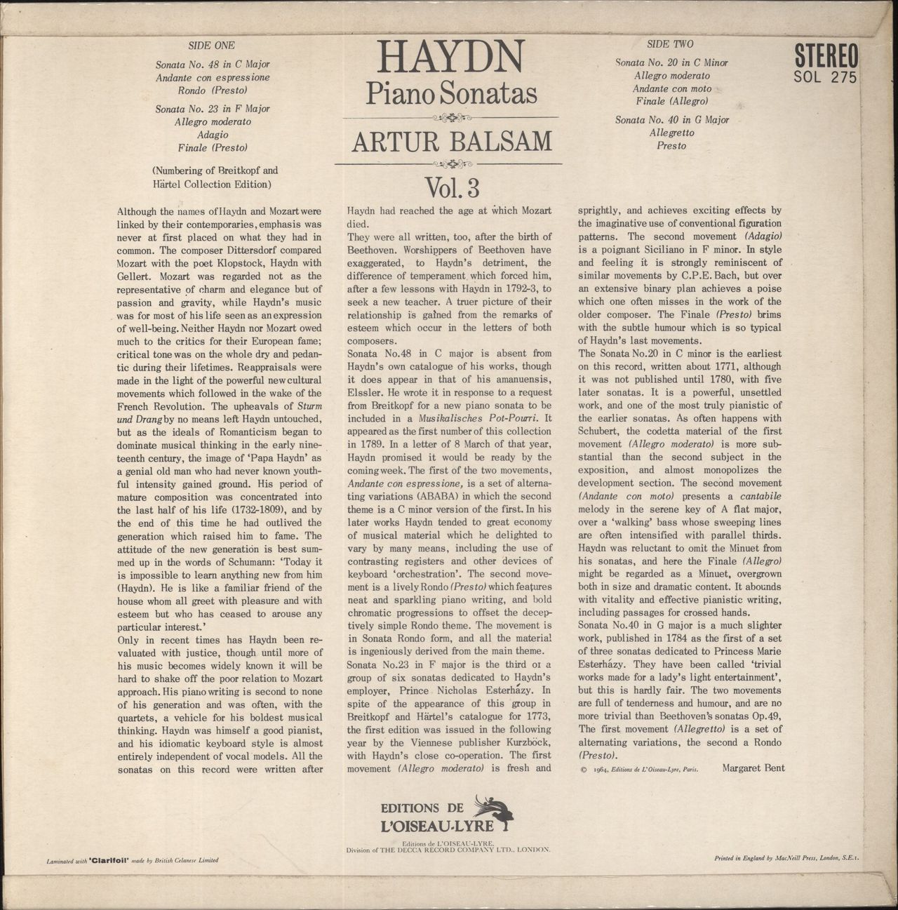 Franz Joseph Haydn Haydn: Piano Sonatas, Vol. 3 UK Vinyl LP