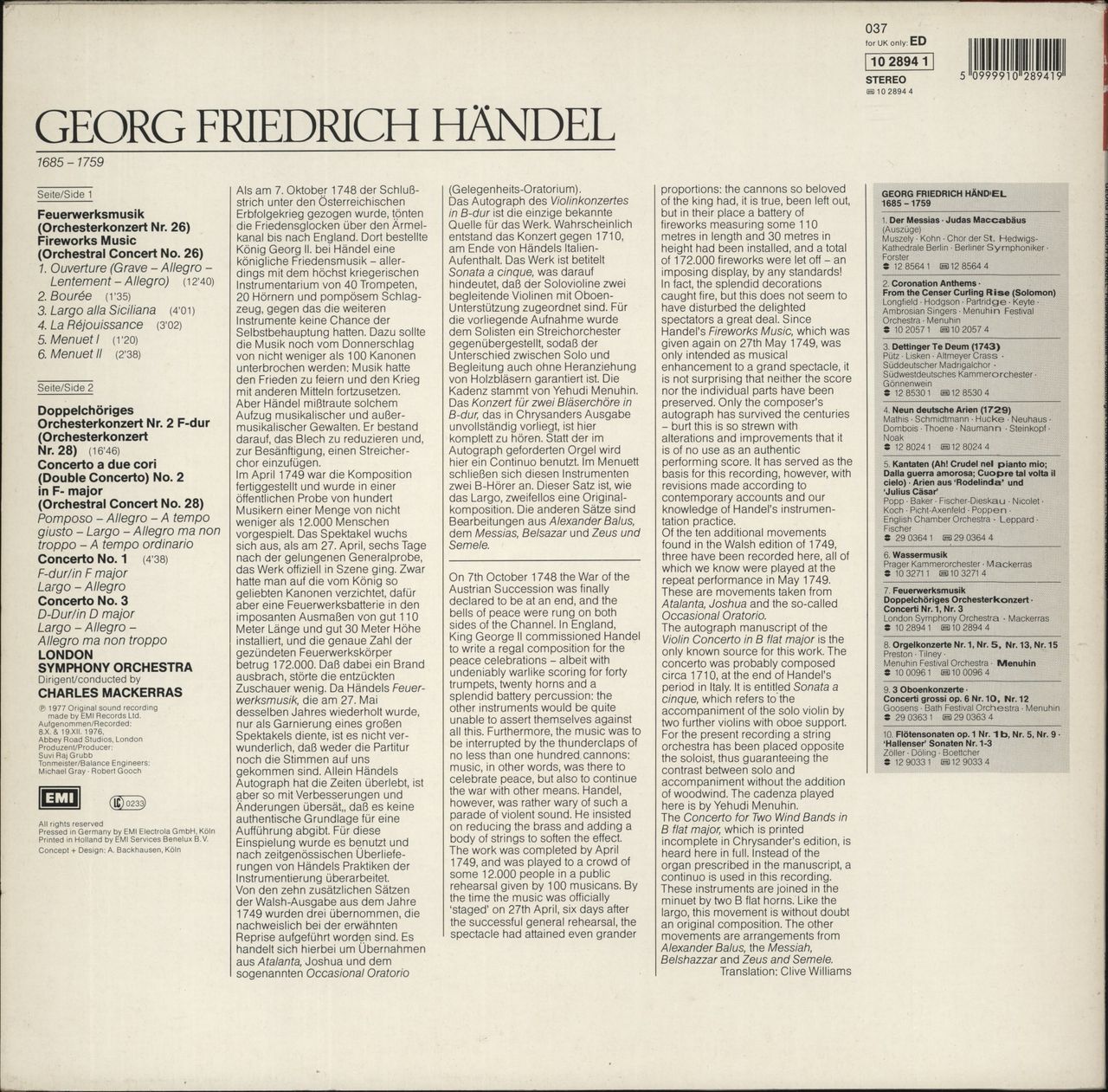 George Frideric Handel Handel: Music For The Royal Fireworks (In The Original Version For Wind Band), Concertos In F&D, Con German Vinyl LP