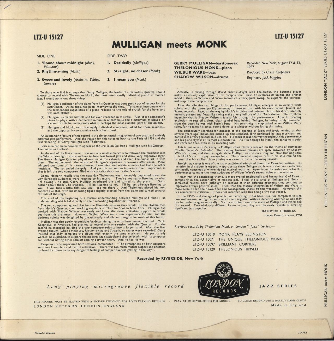Gerry Mulligan Mulligan Meets Monk UK Vinyl LP