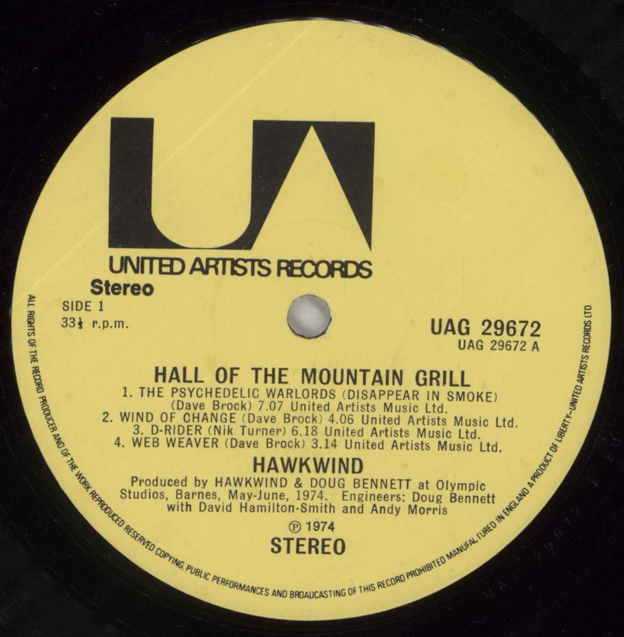 Hawkwind Hall Of The Mountain Grill + Inner - Yellow labels UK Vinyl LP