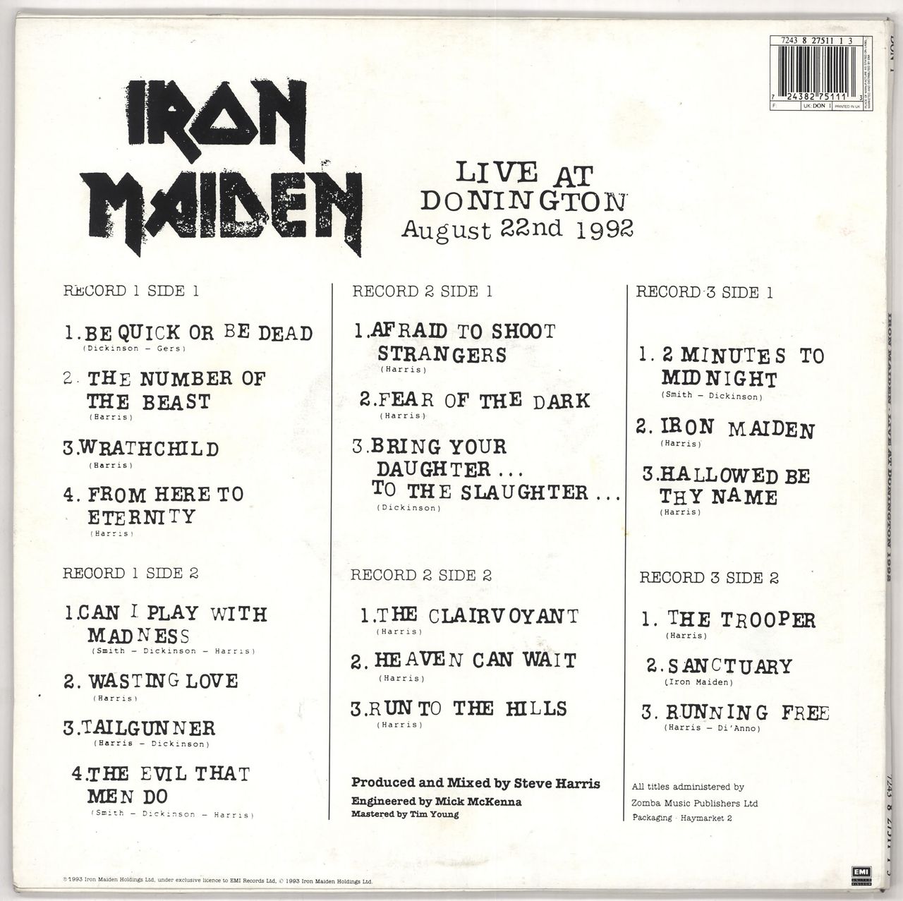 Iron Maiden Live At Donington UK 3-LP vinyl set