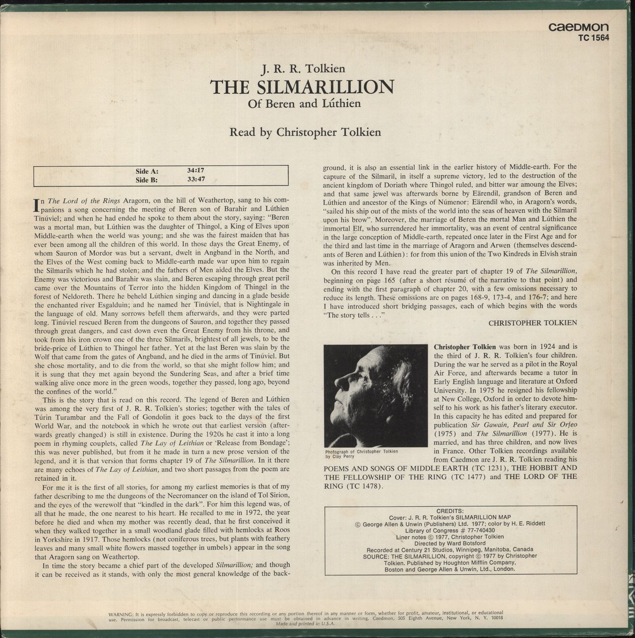 J.R.R. Tolkien The Silmarillion - VG US Vinyl LP