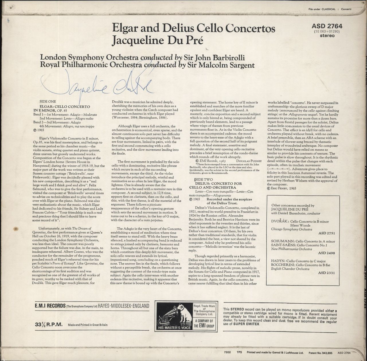 Jacqueline Du Pré Elgar & Delius Cello Concertos - Autographed UK Vinyl LP