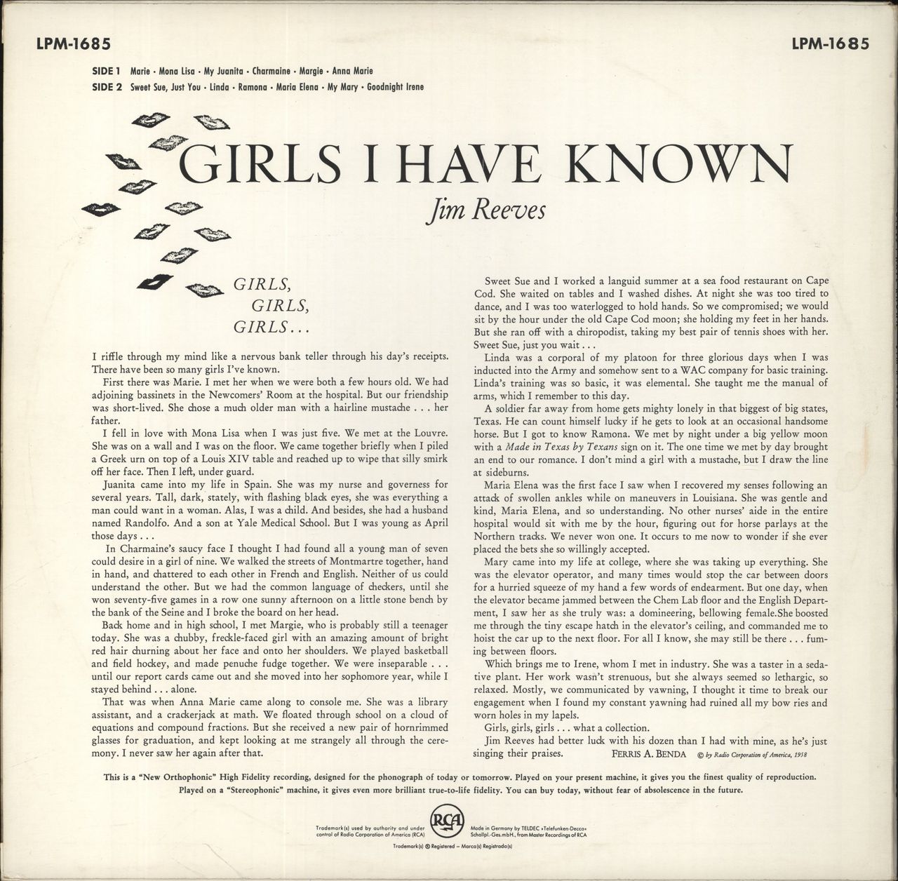 Jim Reeves Girls I Have Known German Vinyl LP