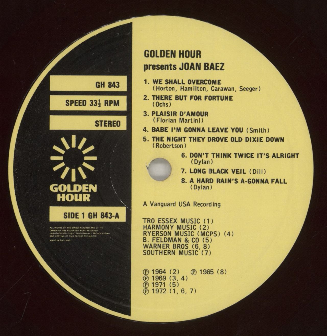 Joan Baez Golden Hour Presents Joan Baez UK Vinyl LP