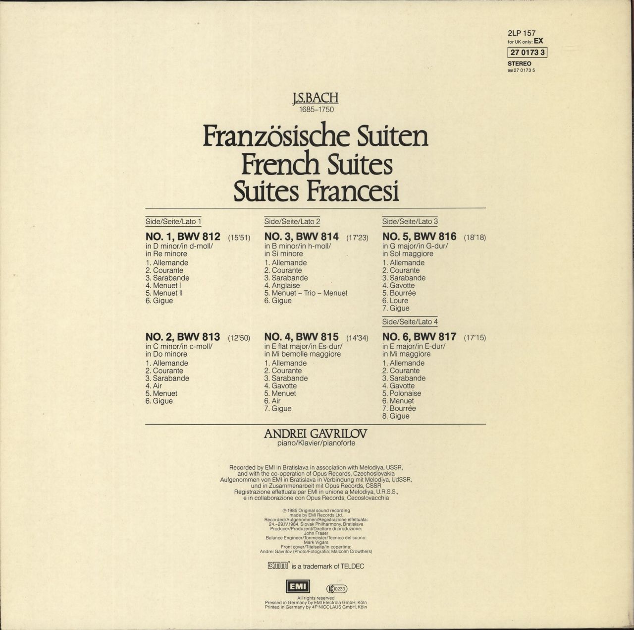Johann Sebastian Bach Bach: Französische Suiten = The French Suites UK 2-LP vinyl set