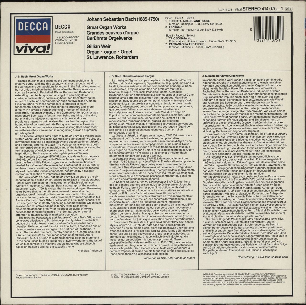 Johann Sebastian Bach Bach: Great Organ Works / Grandes Oeuvres D'Orgue / Berühmte Orgelwerke Dutch Vinyl LP