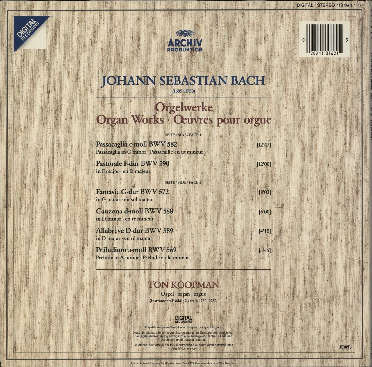 Johann Sebastian Bach Organ Works - Passacaglia BWV 582 / Pastorale BWV 590 / Canzona BWV 588 / Allabreve BWV 589 German Vinyl LP