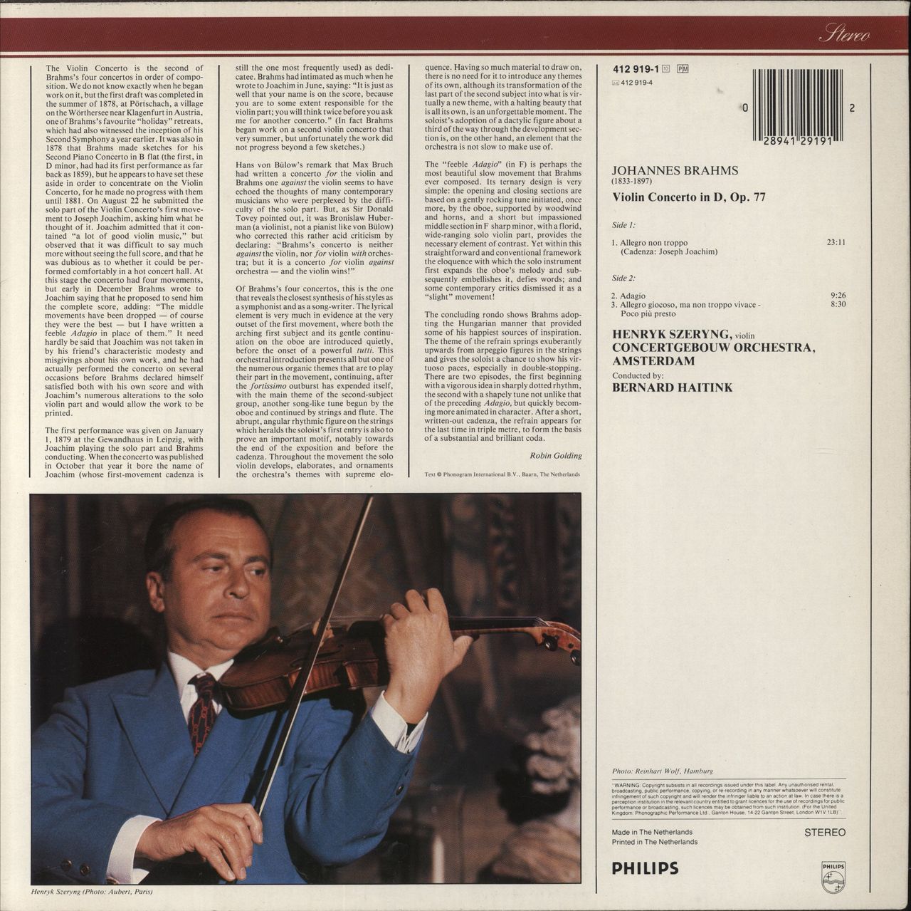 Johannes Brahms Brahms: Violin Concerto Dutch Vinyl LP