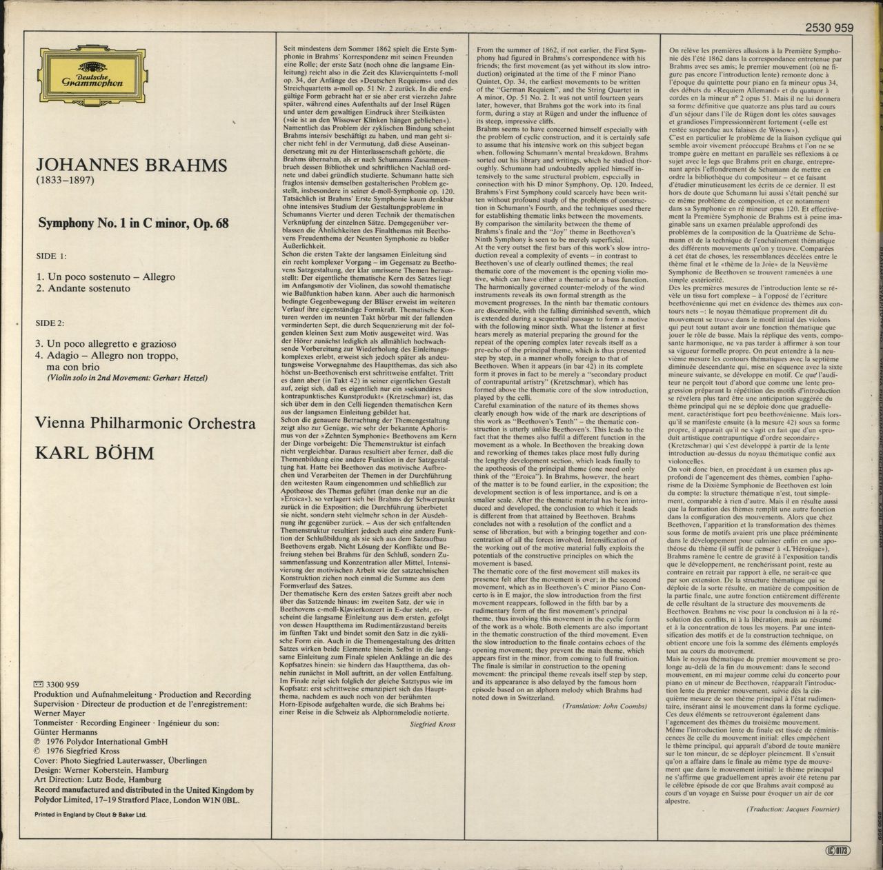 Johannes Brahms Symphony No. 1 In C Minor, Op. 68 UK Vinyl LP