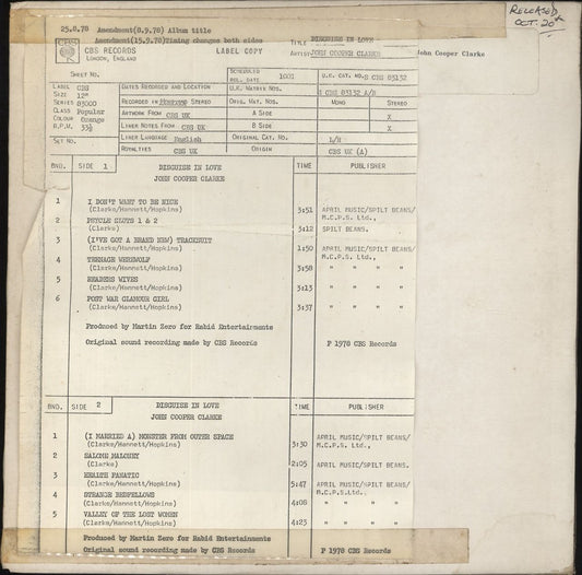 John Cooper Clarke Disguise In Love - Test Pressing UK Vinyl LP