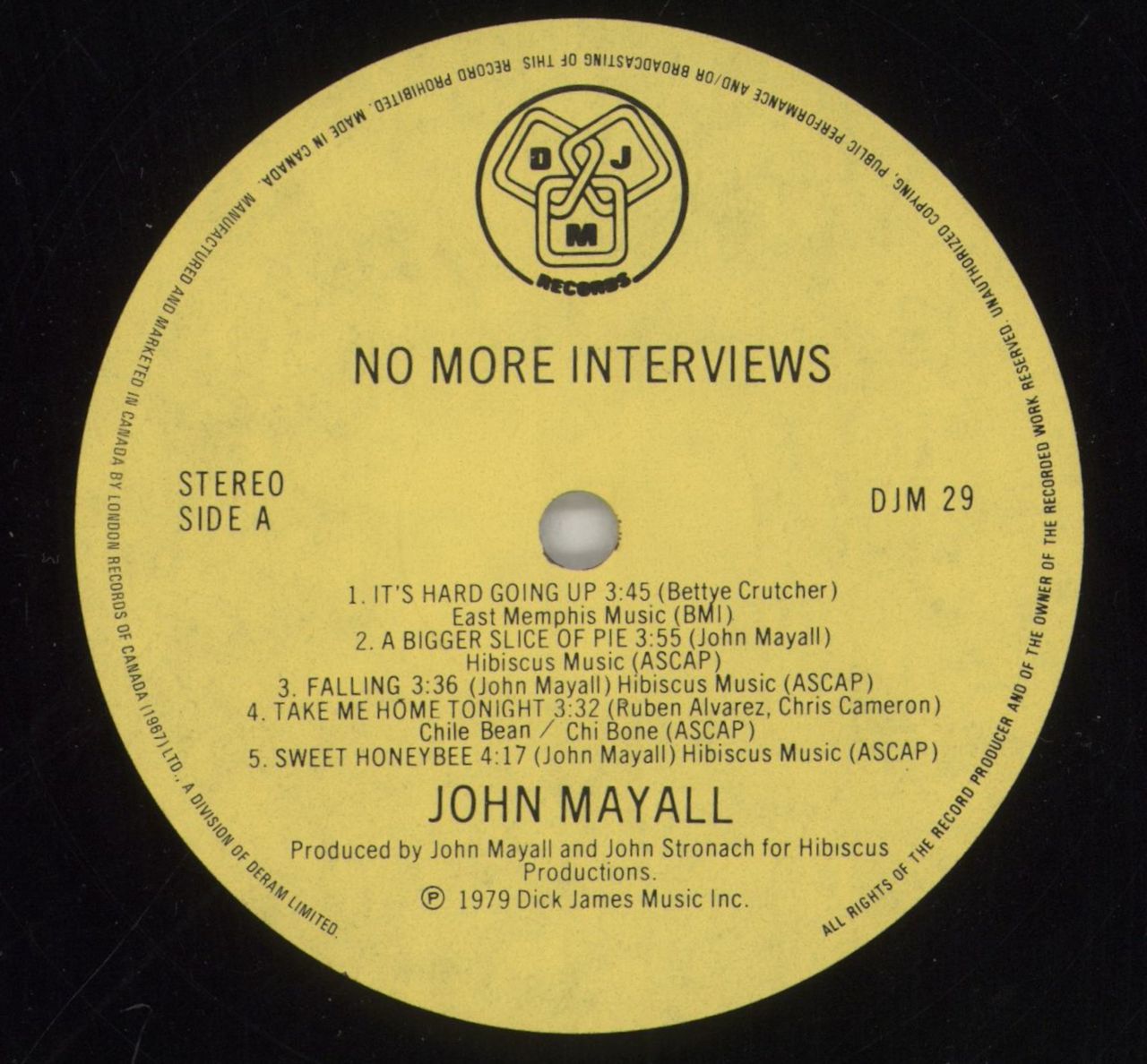 John Mayall No More Interviews Canadian Vinyl LP