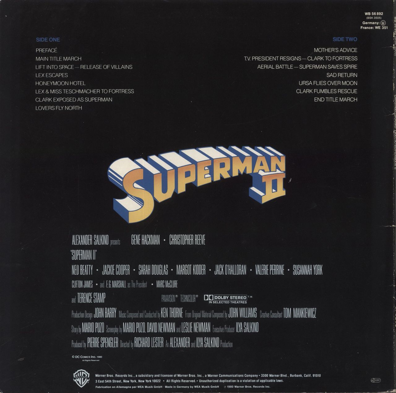 John Williams (Composer) Superman II German Vinyl LP