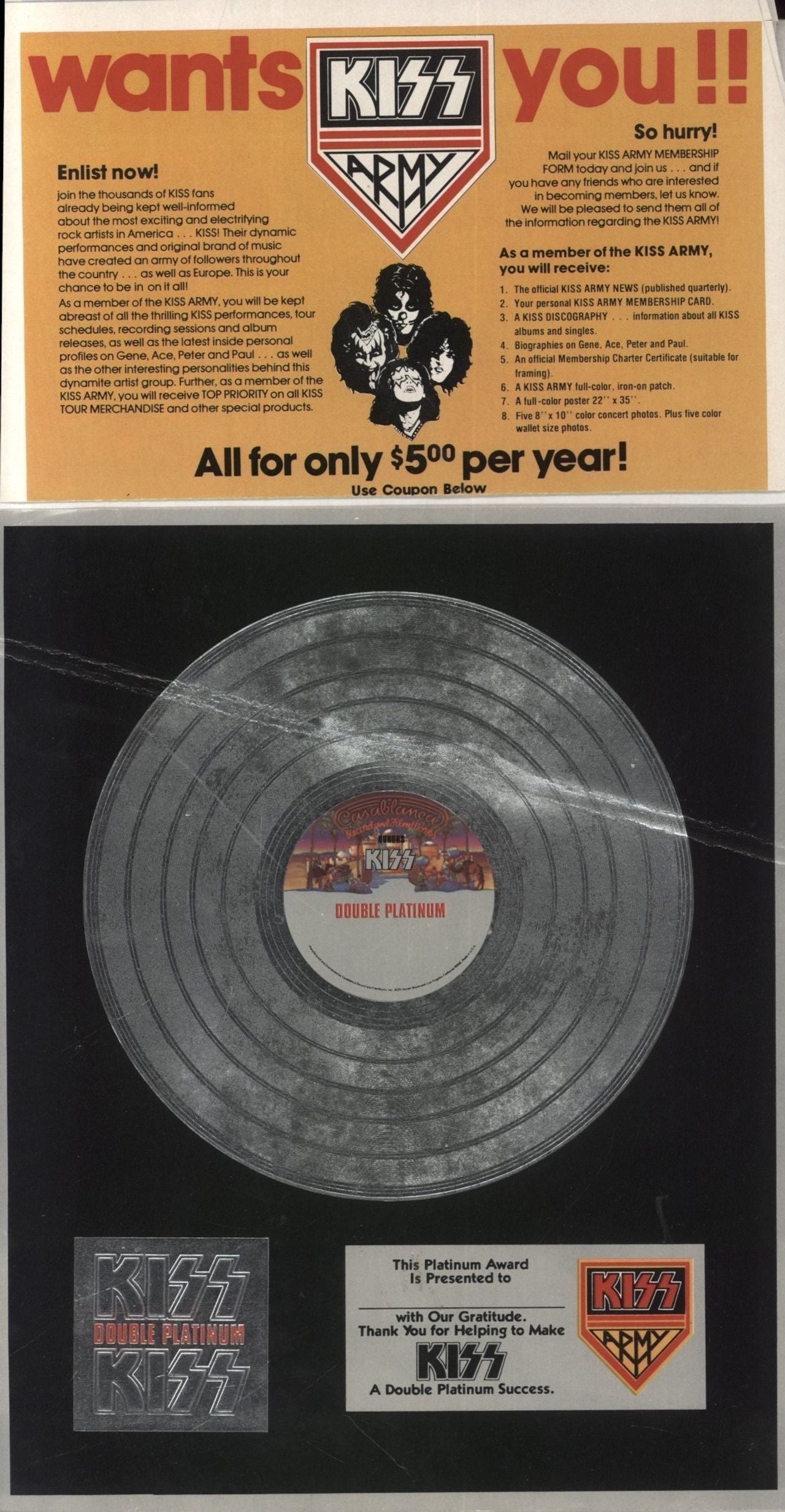 Kiss Double Platinum + Award & Merchandise Insert - EX US 2-LP vinyl set