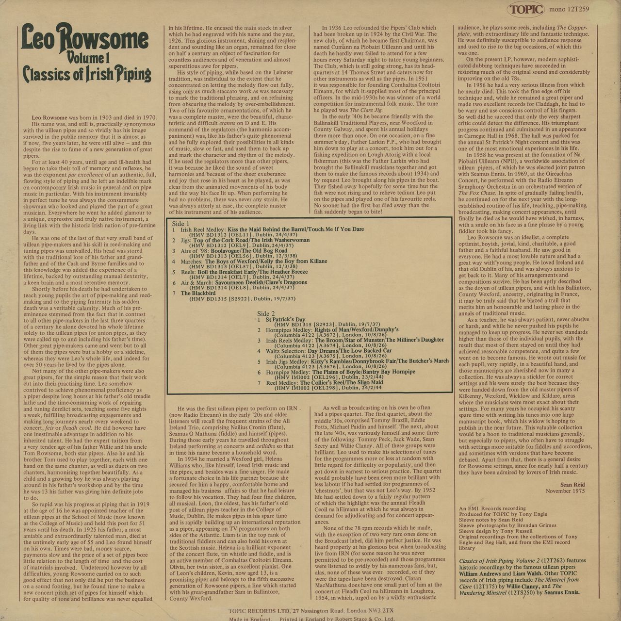 Leo Rowsome Leo Rowsome Volume 1: Classics Of Irish Piping UK Vinyl LP