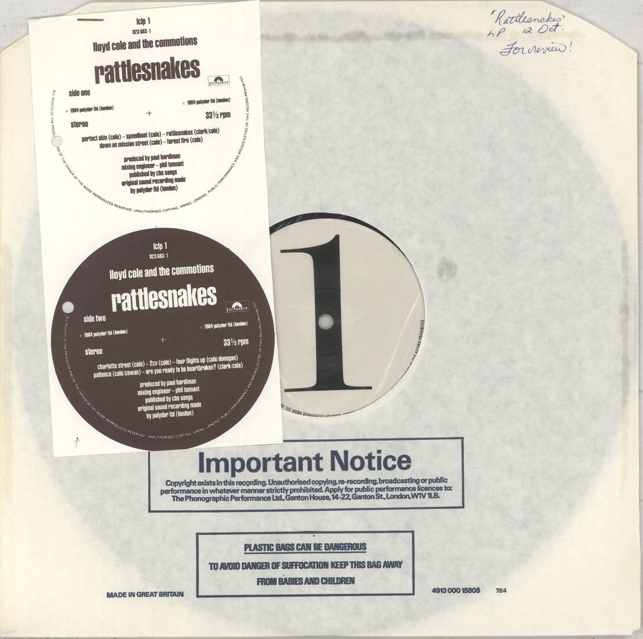 Lloyd Cole Rattlesnakes + Proof Labels UK Promo Vinyl LP