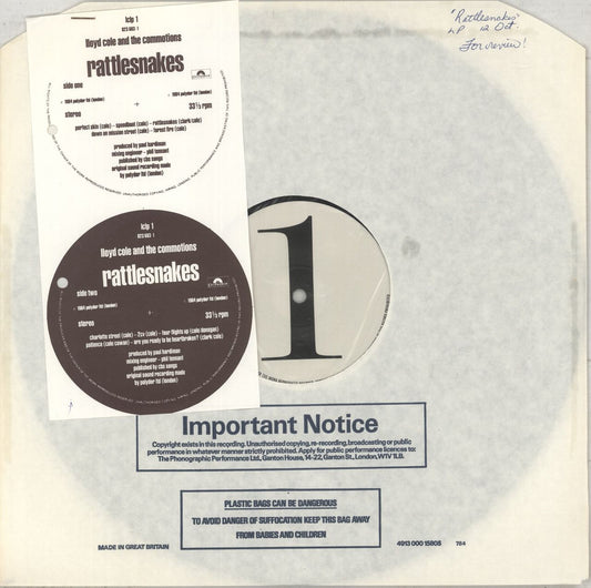 Lloyd Cole Rattlesnakes + Proof Labels UK Promo Vinyl LP