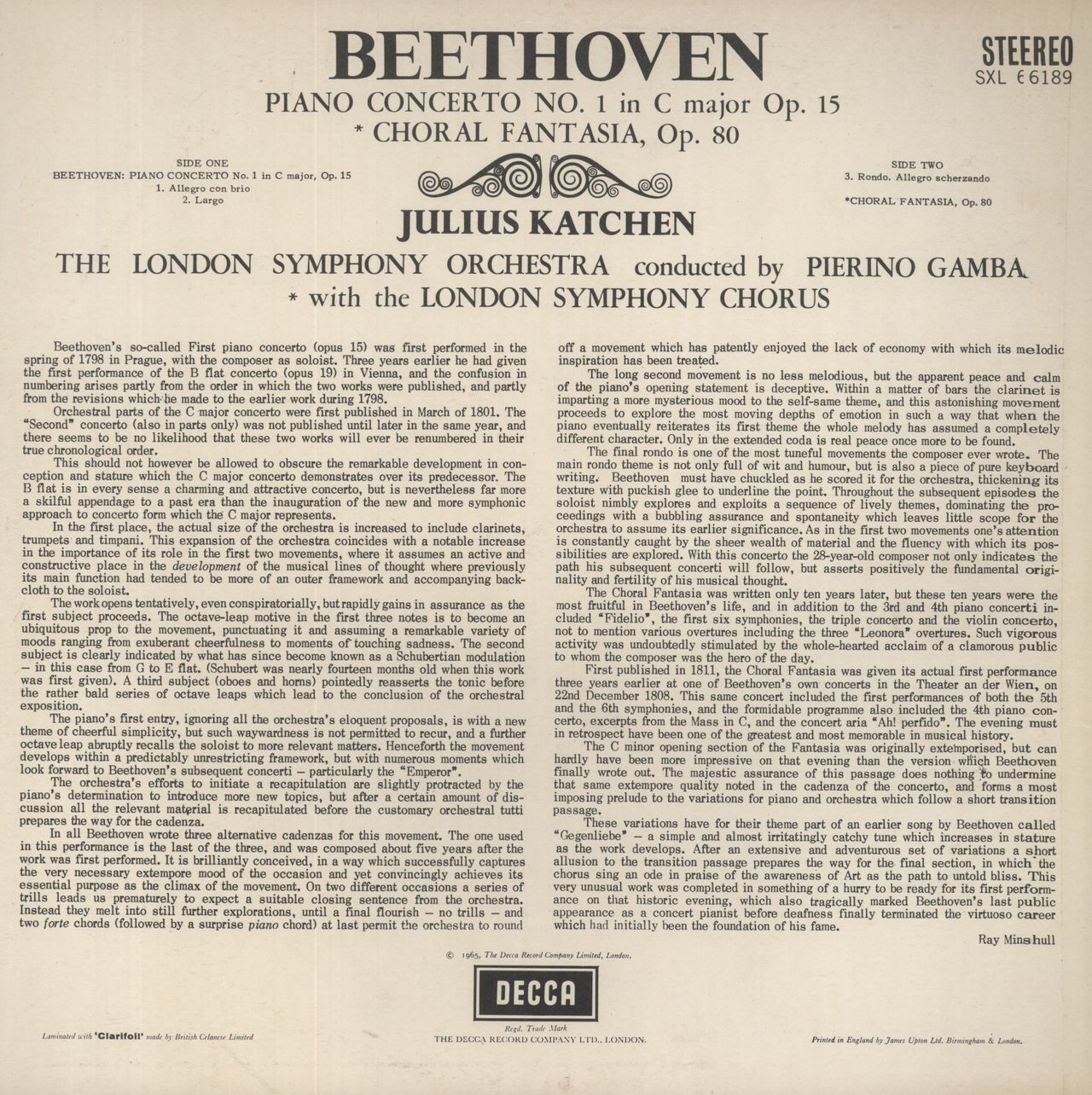 Ludwig Van Beethoven Beethoven: Piano Concerto No. 1 / Choral Fantasia UK Vinyl LP