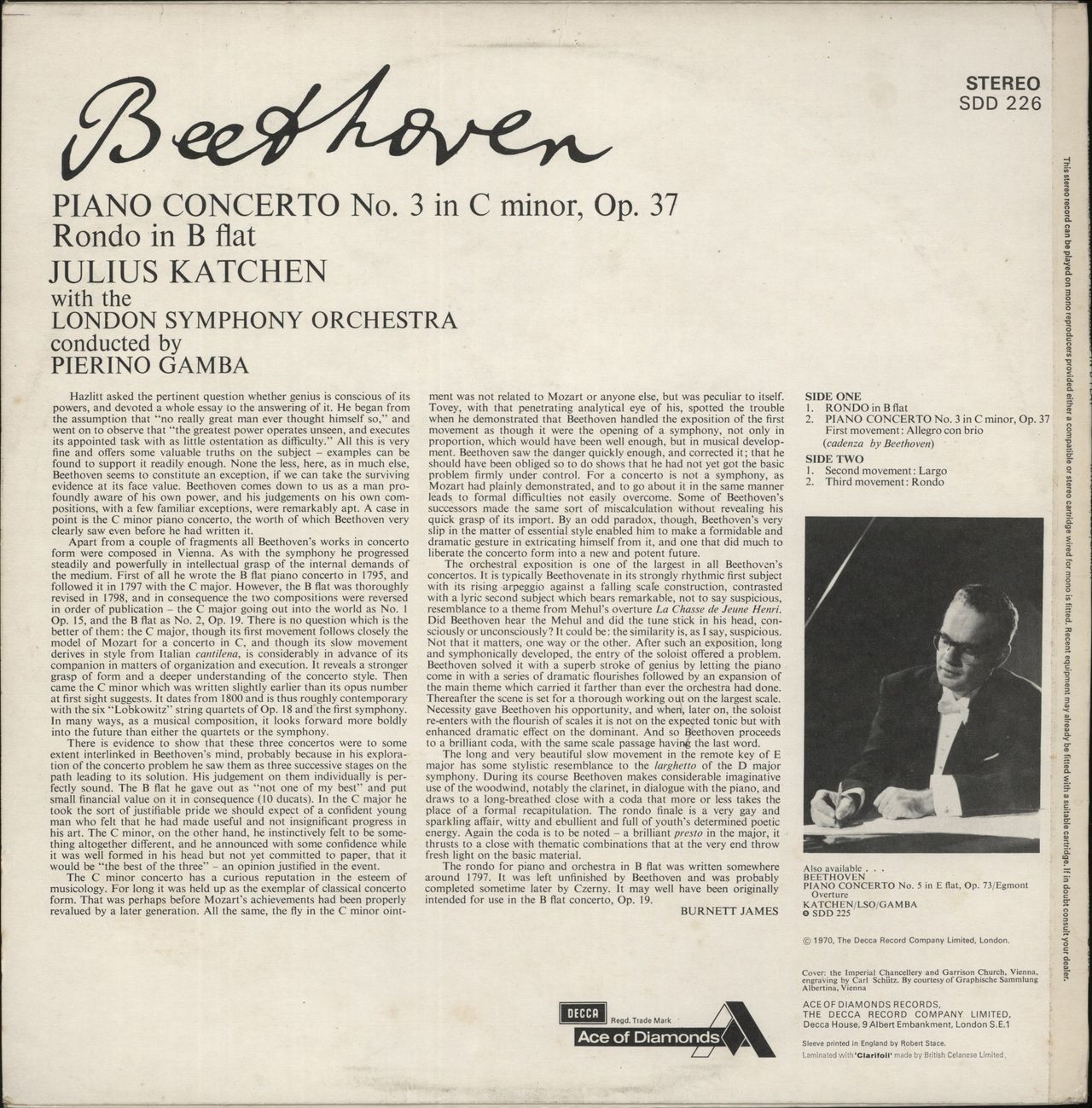 Ludwig Van Beethoven Beethoven: Piano Concerto No. 3 / Rondo In B Flat UK Vinyl LP