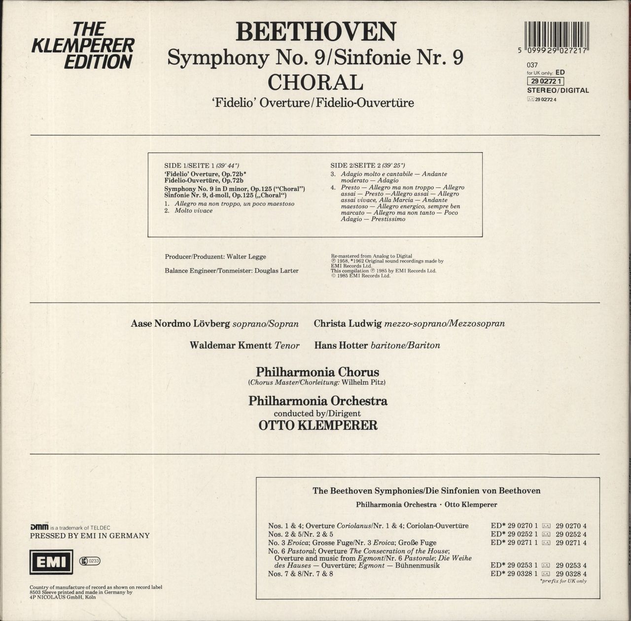 Ludwig Van Beethoven Symphony No. 9 "Choral" / Fidelio Overture UK Vinyl LP