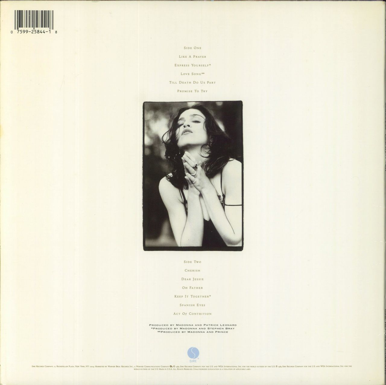 Madonna Like A Prayer - Scented inner US Vinyl LP