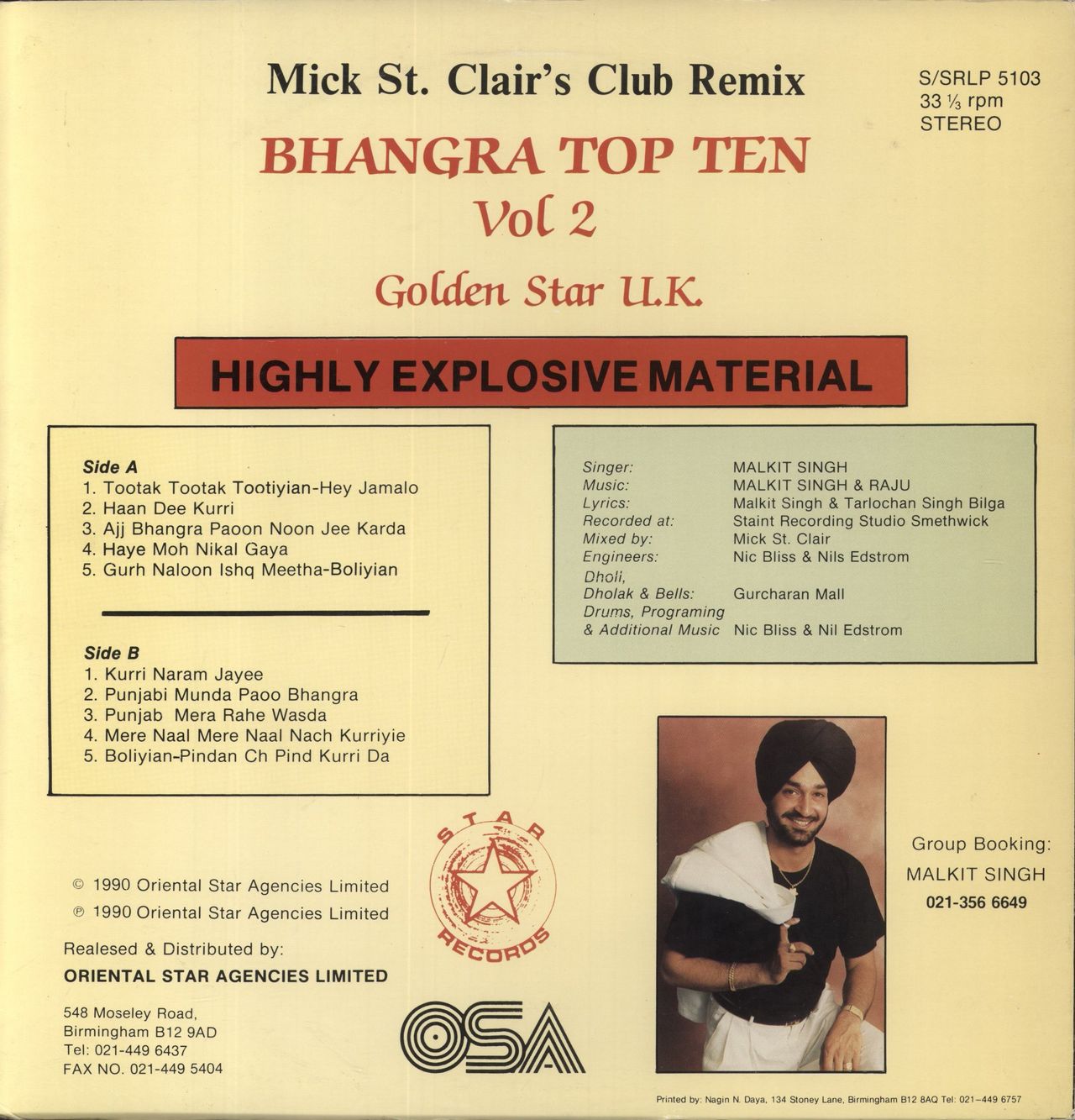 Malkit Singh Bhangra Top Ten Vol.2 - Mick St. Clair's Club Remix UK Vinyl LP