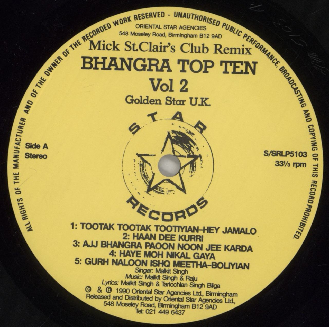 Malkit Singh Bhangra Top Ten Vol.2 - Mick St. Clair's Club Remix UK Vinyl LP