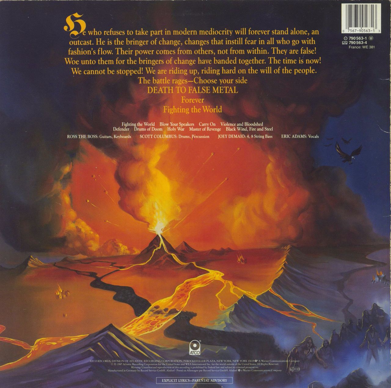 Manowar Fighting The World - VG German Vinyl LP