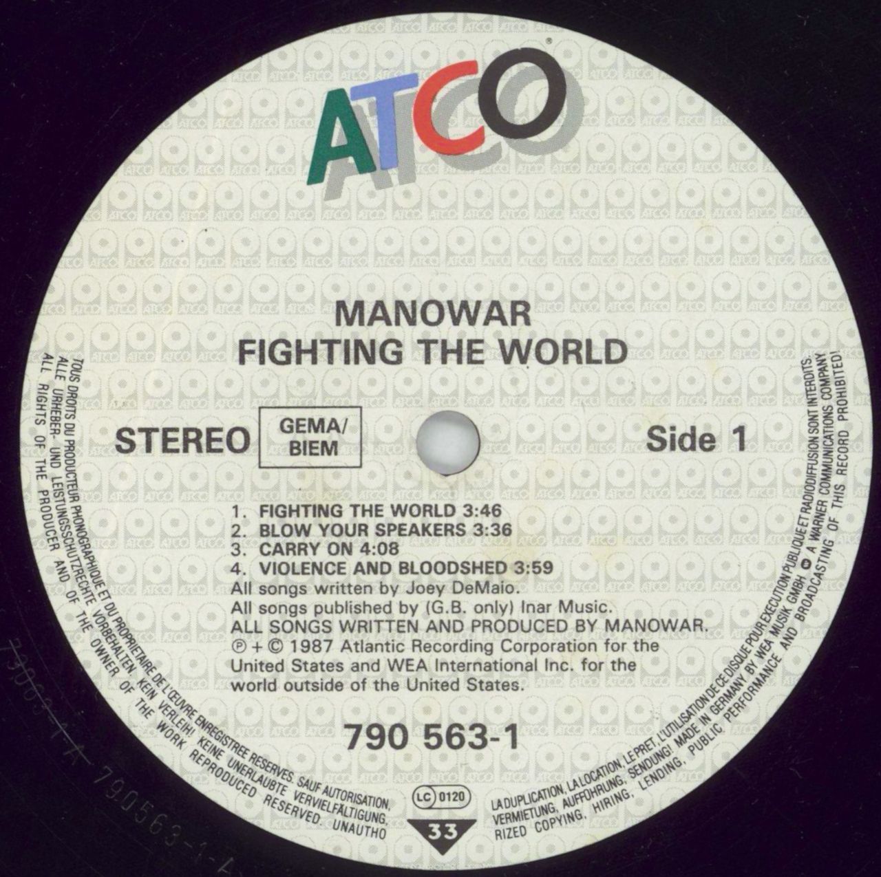 Manowar Fighting The World - VG German Vinyl LP