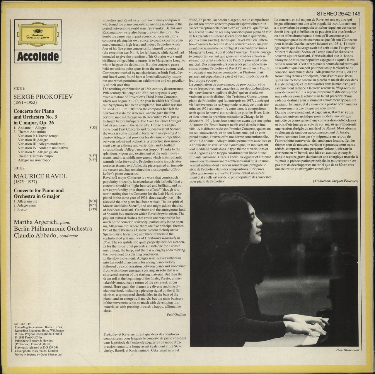 Martha Argerich Prokofiev: Piano Concerto No.3 / Ravel: Piano Concerto In G UK Vinyl LP