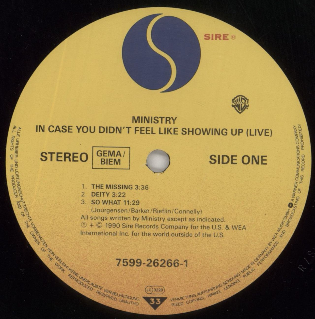 Ministry In Case You Didn't Feel Like Showing Up German Vinyl LP