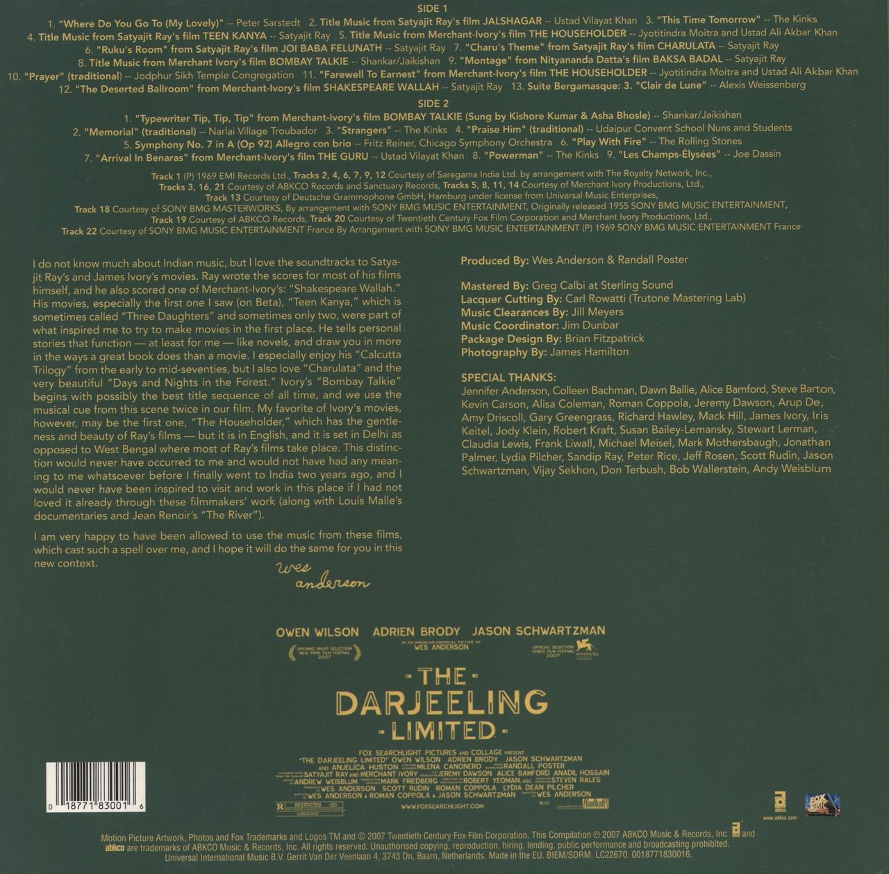 Original Soundtrack The Darjeeling Limited - RSD15 - 180gm Green Vinyl UK Vinyl LP