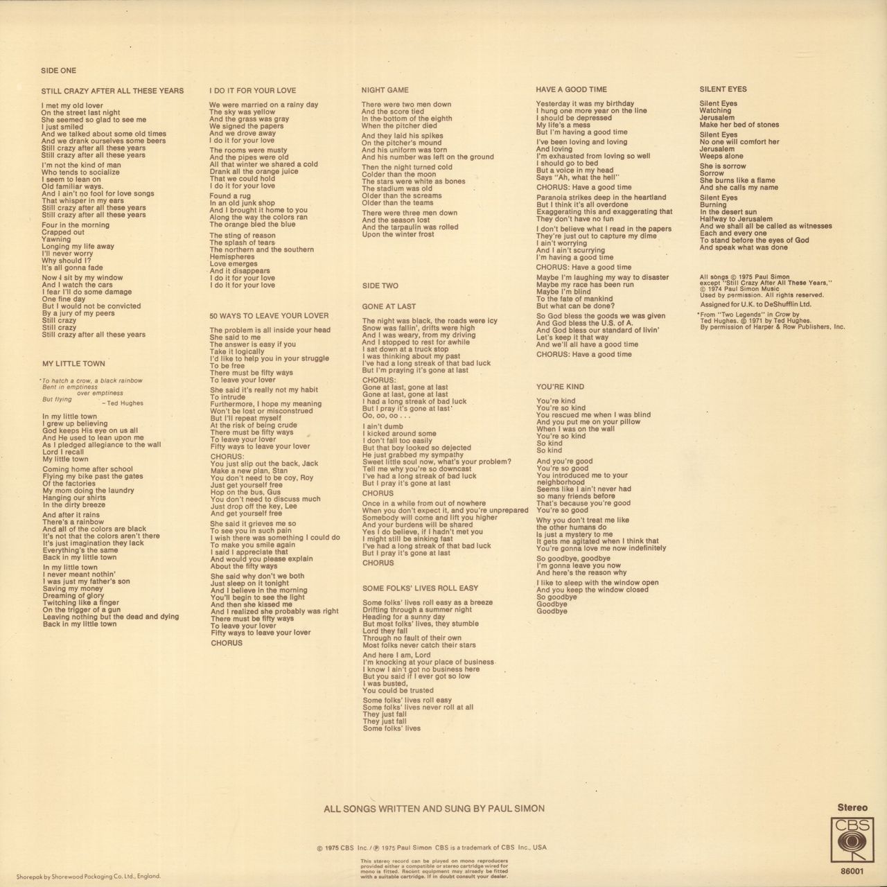 Paul Simon Still Crazy After All These Years - 2nd UK Vinyl LP