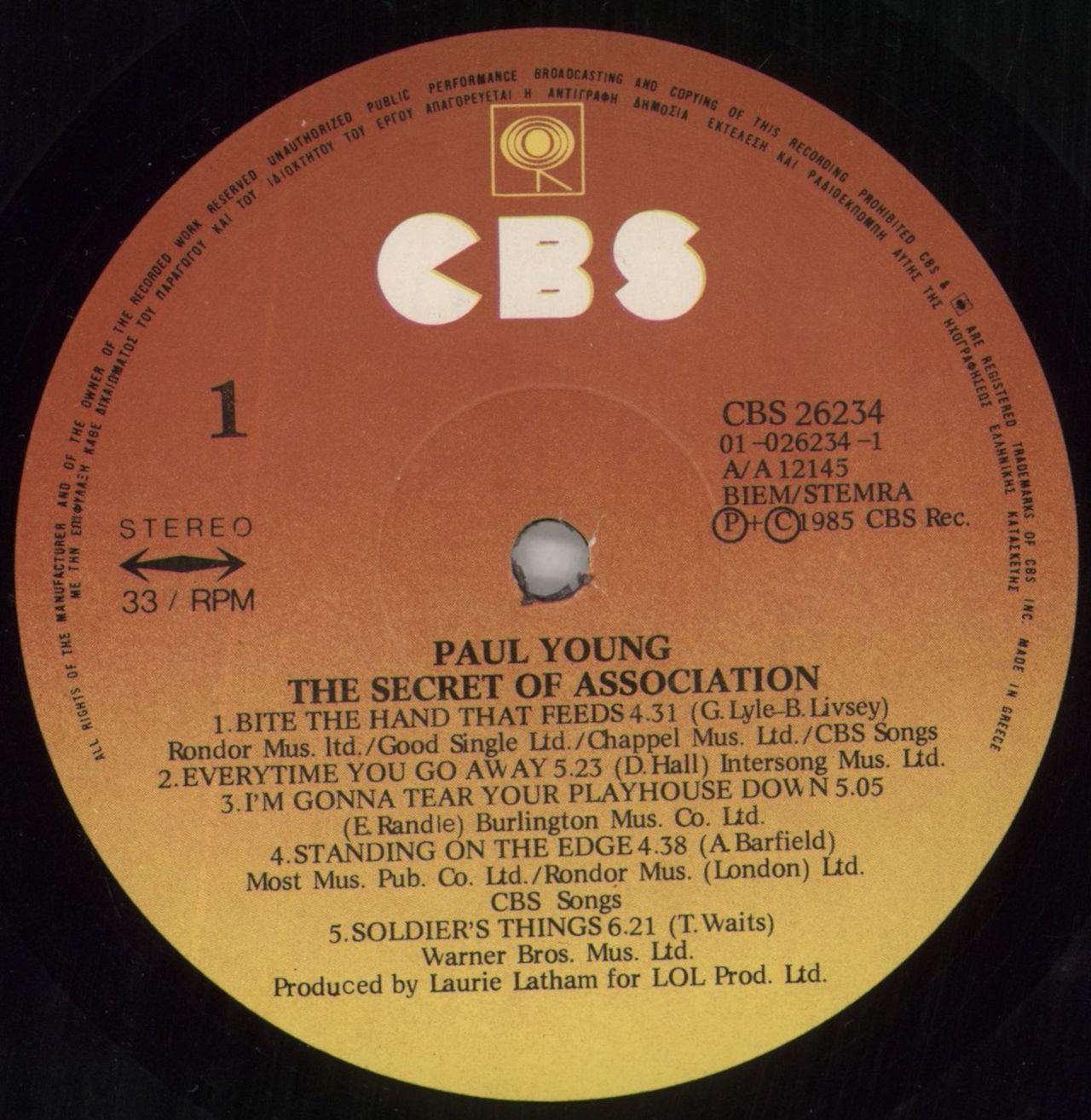 Paul Young The Secret Of Association + insert Greek Vinyl LP