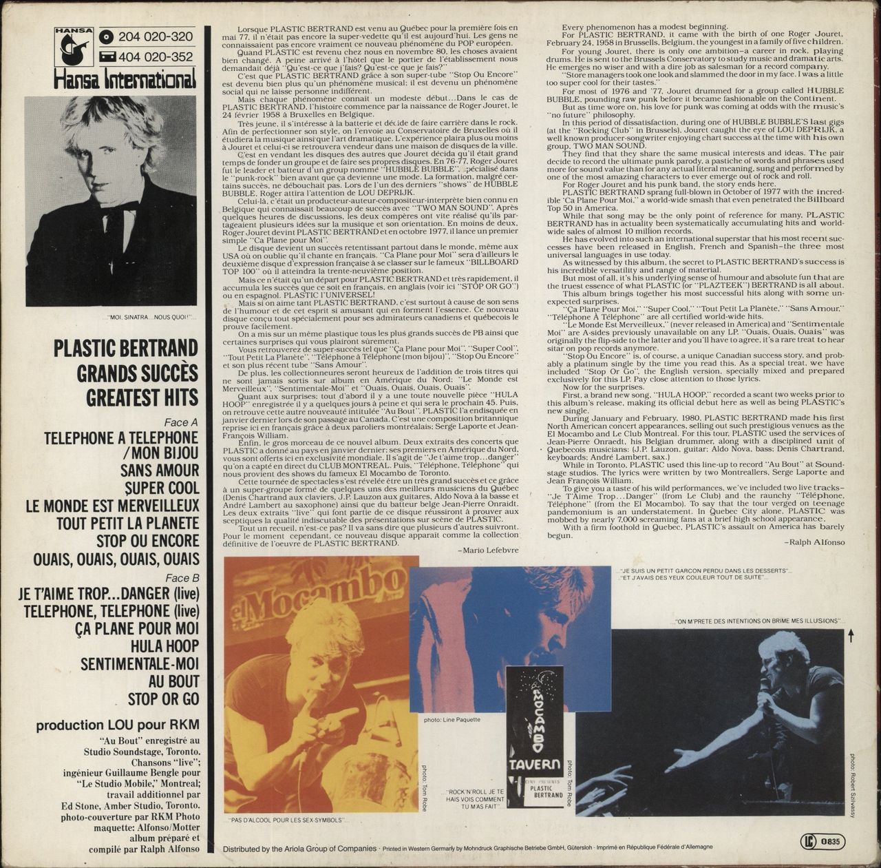 Plastic Bertrand Grands Succès / Greatest Hits German Vinyl LP