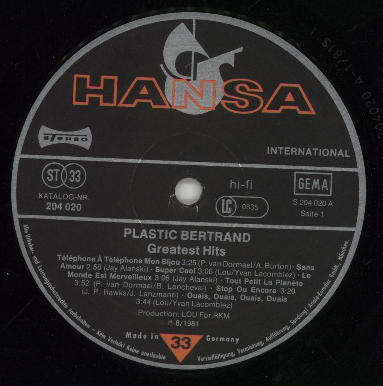 Plastic Bertrand Grands Succès / Greatest Hits German Vinyl LP